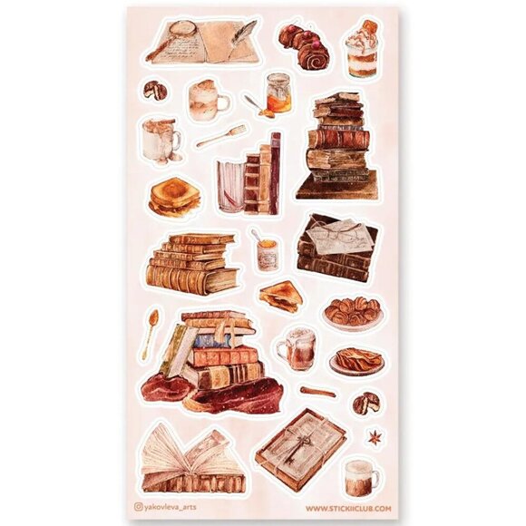 3 for $15 - Bookish Brunch Stickers - 1 Sticker Sheet - Books & Food - NEW - Picture 1 of 4